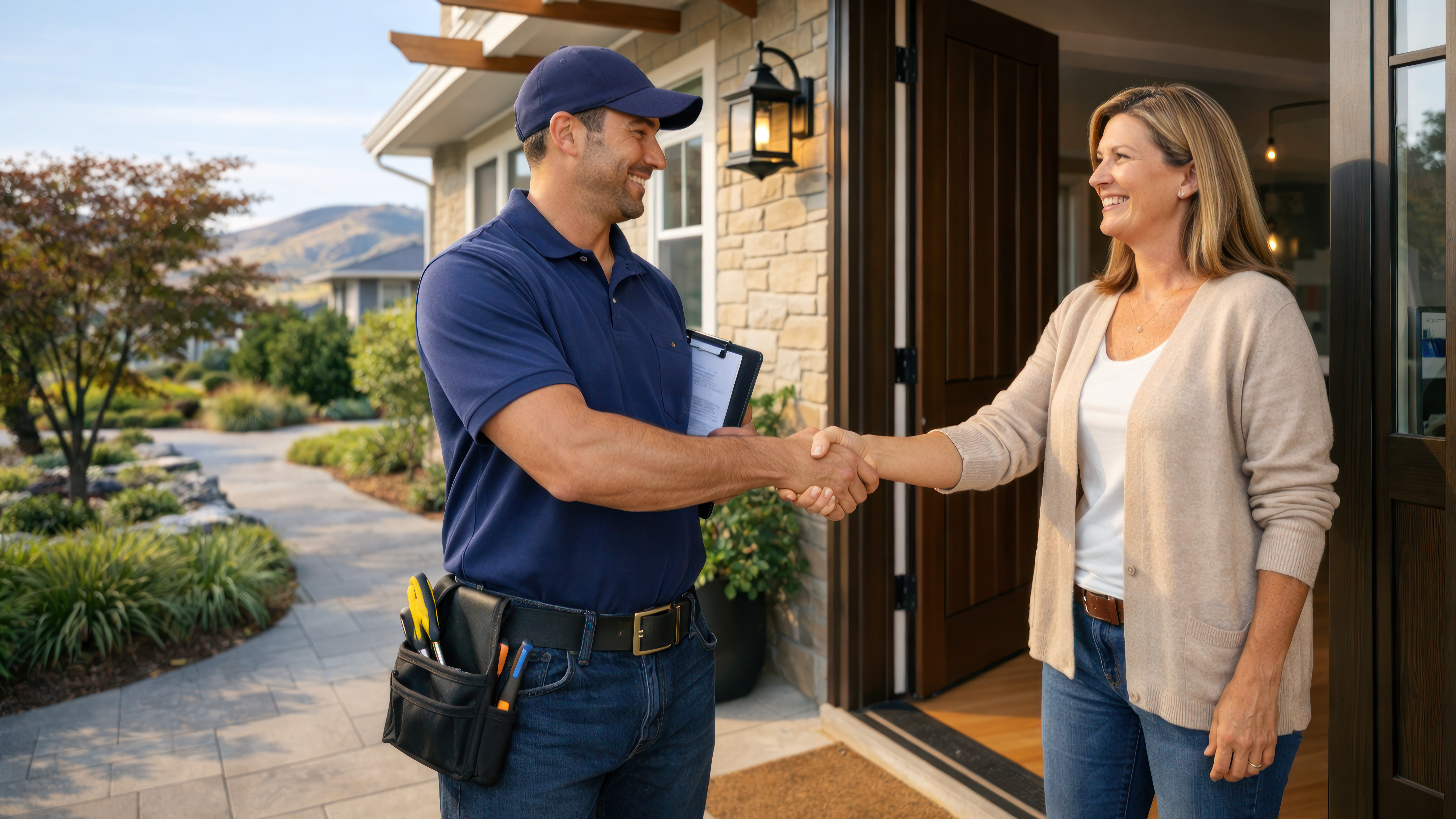 Contractor shaking hands with homeowner at front door