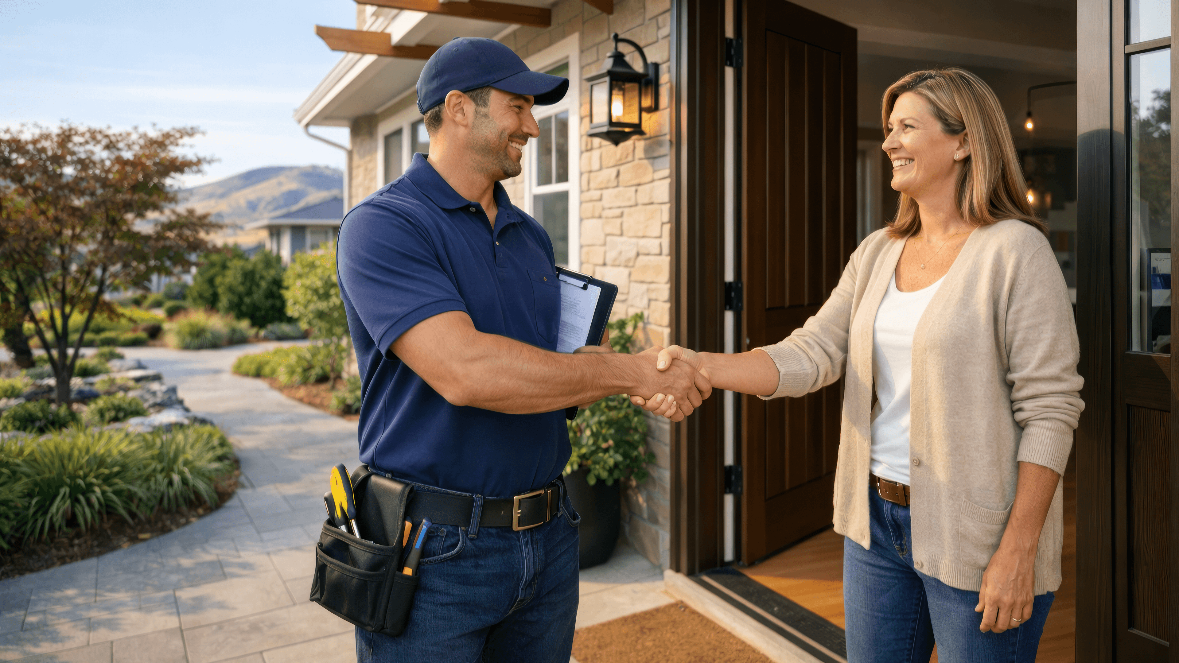 Contractor shaking hands with homeowner at front door